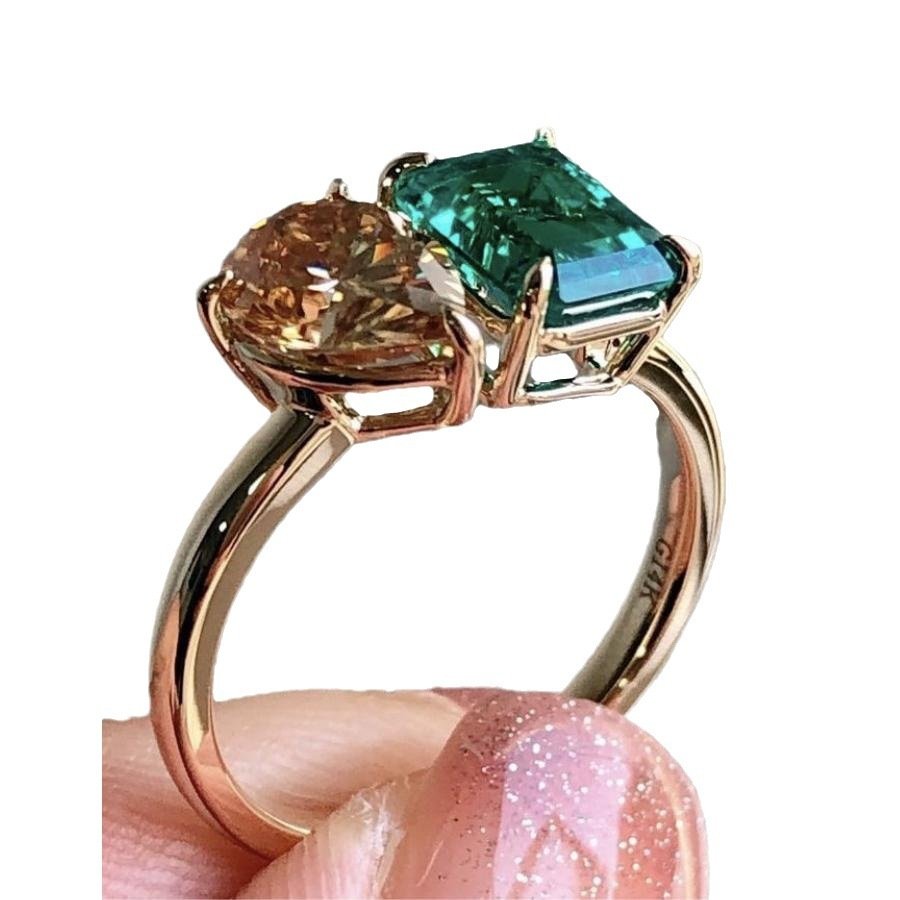 Fashion Jewelry Creative Double Main Stone Lady Green Yellow Zircon Square Stone Ring Female Luxury Crystal Engagement Ring Classic Gold Color Wedding Rings For Women Minimalist Bands - Image 3