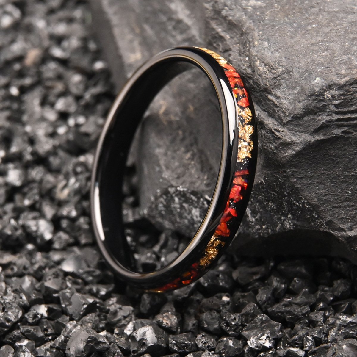 4 Wide Tungsten Steel Electric Black Inlaid Red Opal Gold Foil Ring - Image 4
