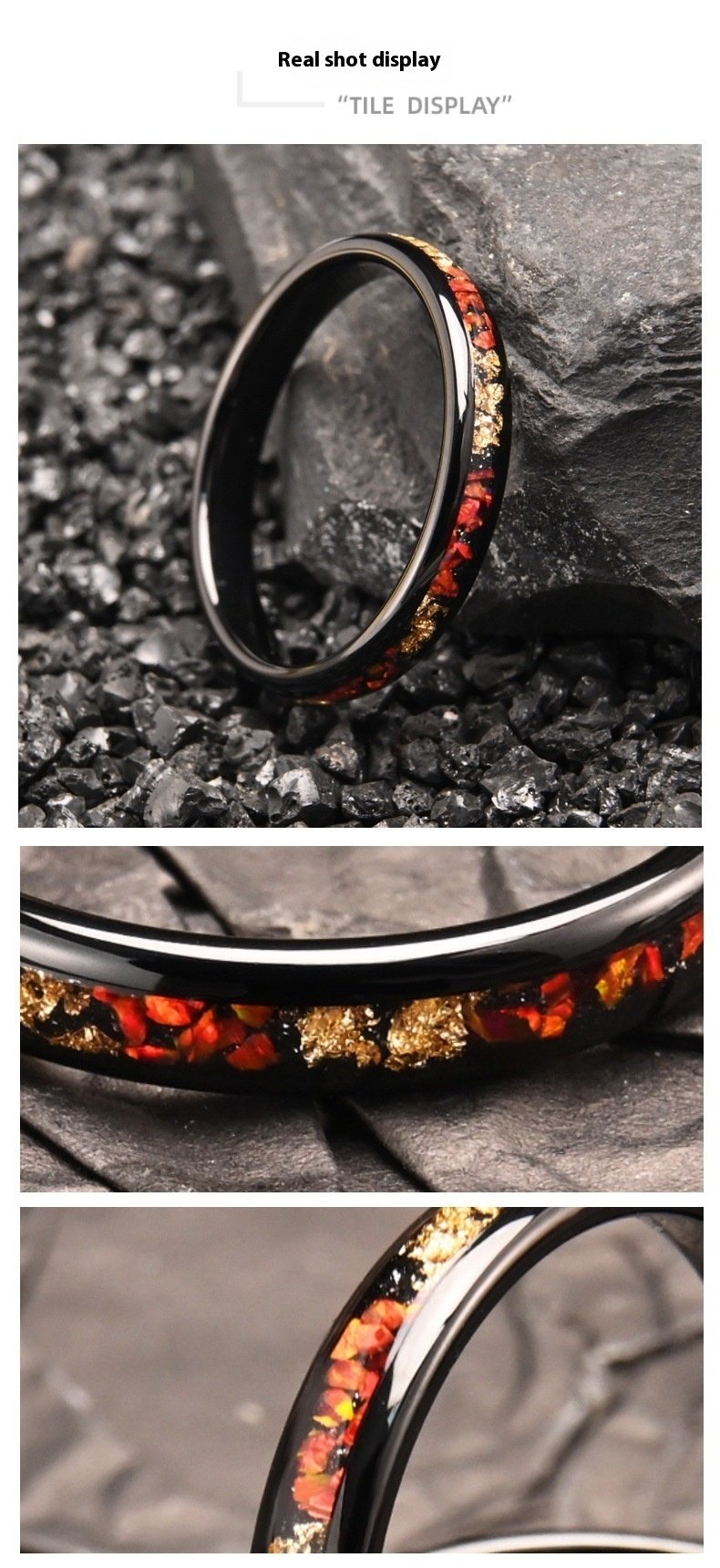 4 Wide Tungsten Steel Electric Black Inlaid Red Opal Gold Foil Ring - Image 5