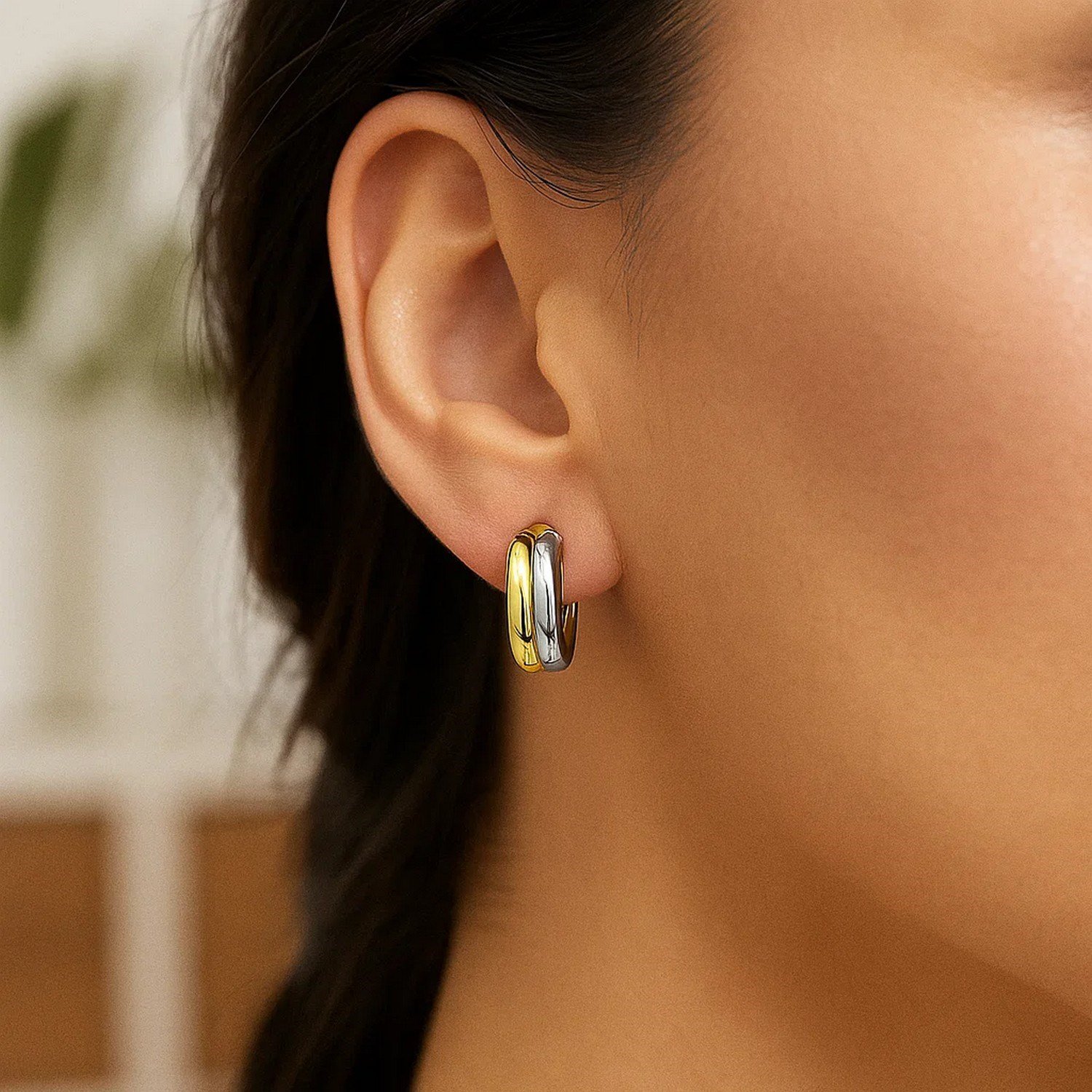 14k Two Tone Gold Double Round Hoops - Image 4