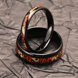 4 Wide Tungsten Steel Electric Black Inlaid Red Opal Gold Foil Ring